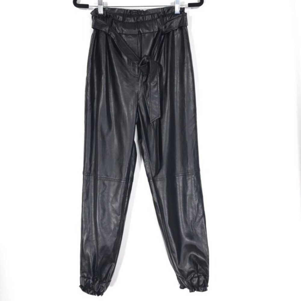 WAYF Women's Black Faux Leather Size XS Paperbag Belted Streetwear Pants Joggers
